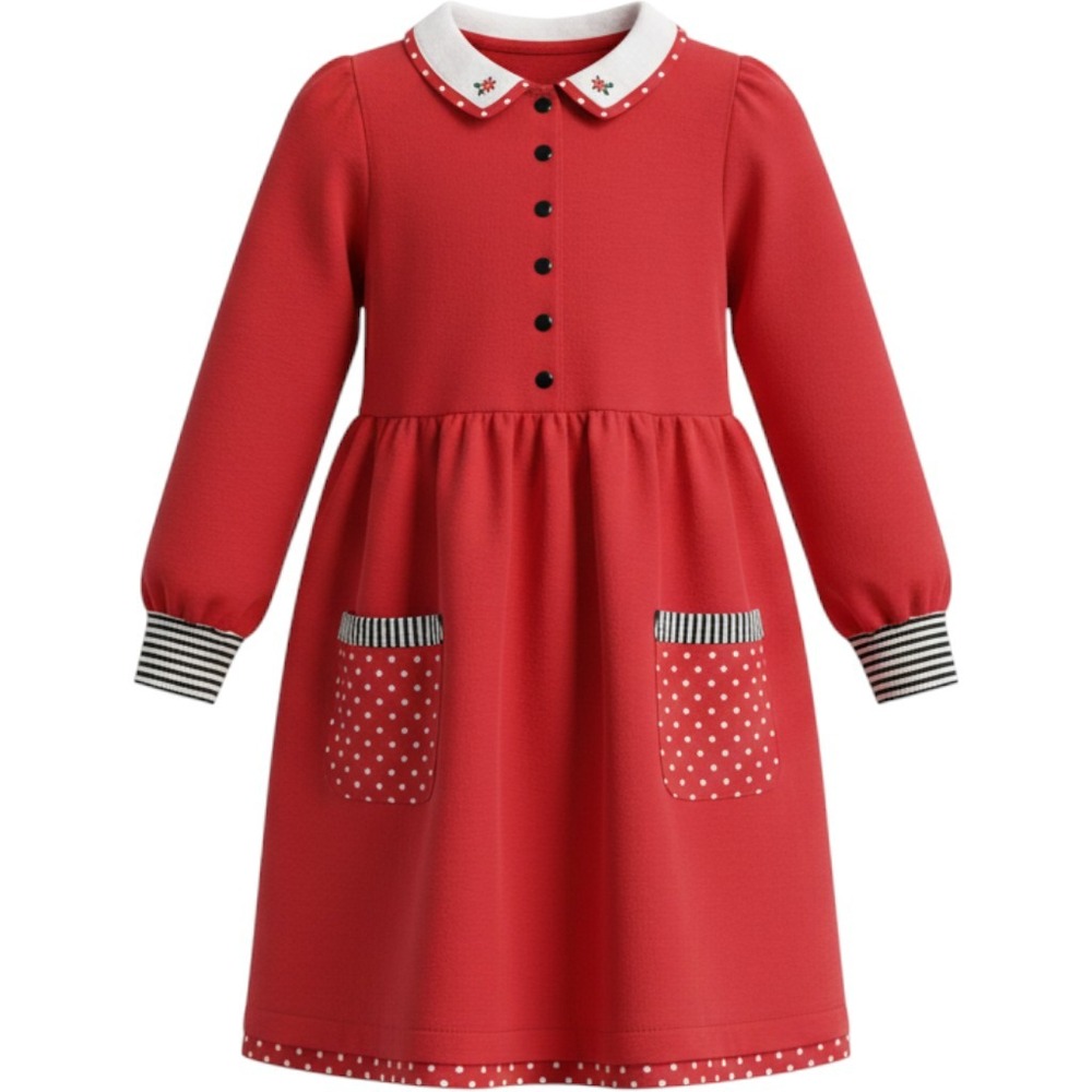 Y2K Gymboree Girls Red Cotton Knit Dress Peter Pan Collar Polka Dot Pockets XXL